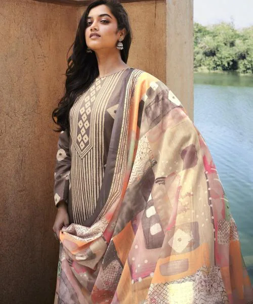 THE JAZZBAAT Women's Embroidered Digital Jaipuri Batik Printed Jam Cotton Unstitch Suit Material With Pure Musline Chunni | Unstitched Kurta Set | Salwar Suits For Women | Dress Material For Women (Grey)