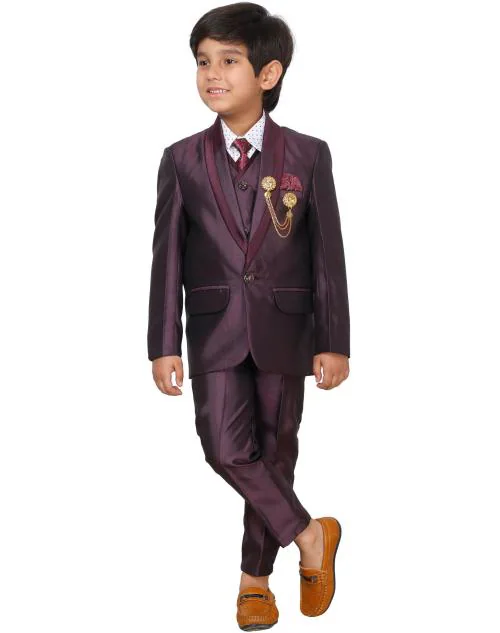 Dkgf Fashion Boys Red Solid Cotton Blend Blazer Waistcoat, Tie, Shirt And Pant