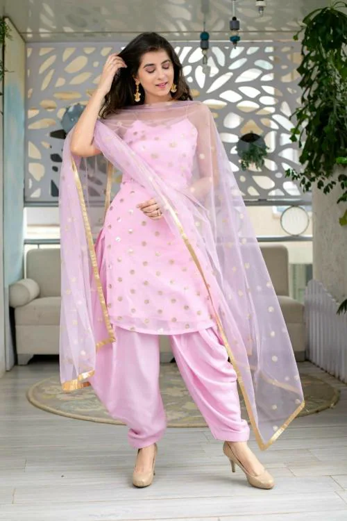 Ethnic Desire Women Pink Embroidered Georgette Kurti With Patiala And Dupatta Set (L)