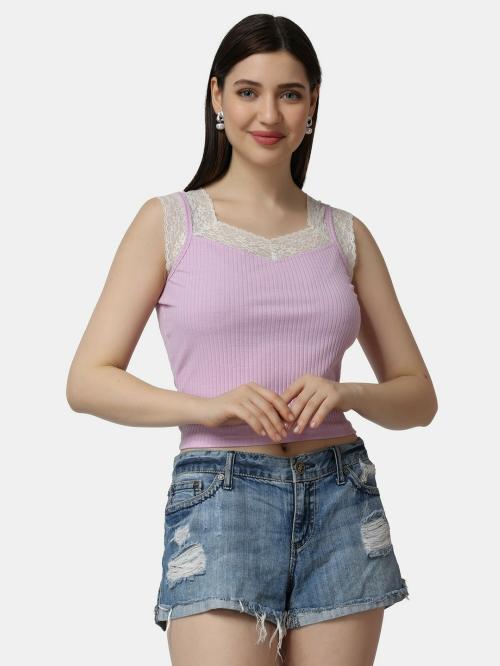 Popwings Women Casual Lavender White Solid Self Design Rib Sleeveless Top | Tops for Women | Tops For Women Stylish | Tops Latest Design For Women