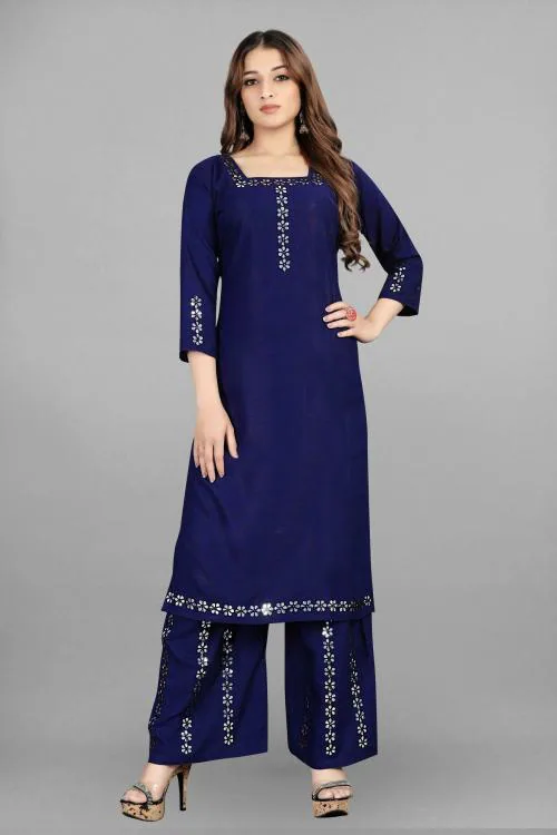 MFDS Women Blue Embellished Viscose Kurta and Palazzo Set (L)