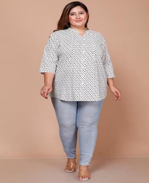 Madam Plus White Printed Cotton Pintuck TOP | Suitable for Plus-Size Women's Wear