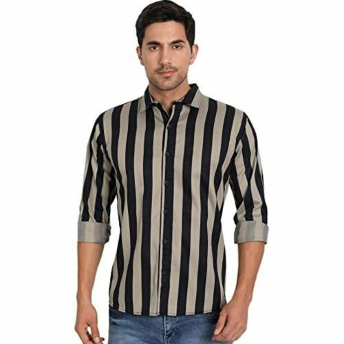 HAMH Men's Cotton Striped Slim Fit Casual Shirt | Fashionable Shirt | Formal Shrit ( GRY- BLK XL )