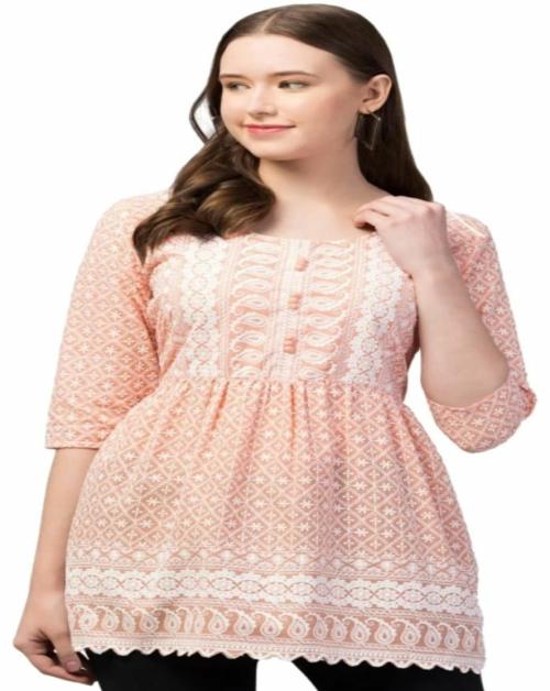 SMASUM Women Embroidered Cotton Blend Tunic/Kurta (Orange, White)XL-Size