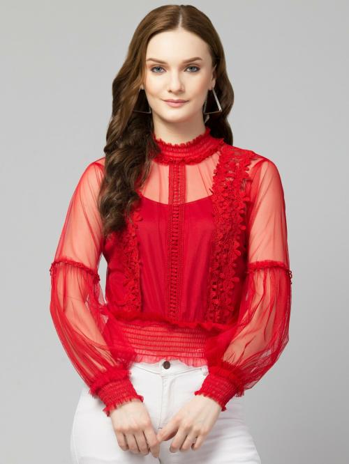 Bitsy Owl Women Red Solid Net Blouson Top|TOPS|WOMEN TOPS|GIRLS TOP|WESTERN WEAR|WOMEN