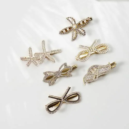 Diversa Korean Style Rhinestone Metal Hair Clips Barrettes Pins Geometric Shape Hairpin Korean Hair Clamps, Pearl Metal Clips for Women and Girls (Pack of 6 Pcs) - Golden