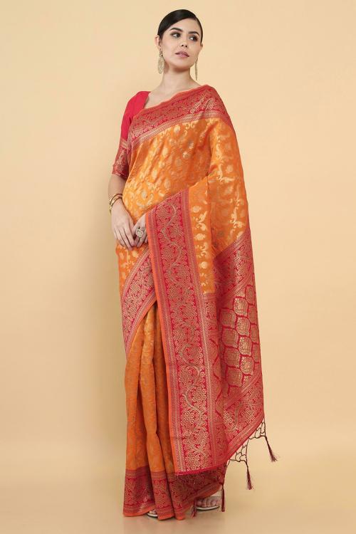 SOCH Women Orange Woven Single Saree (Free Size)
