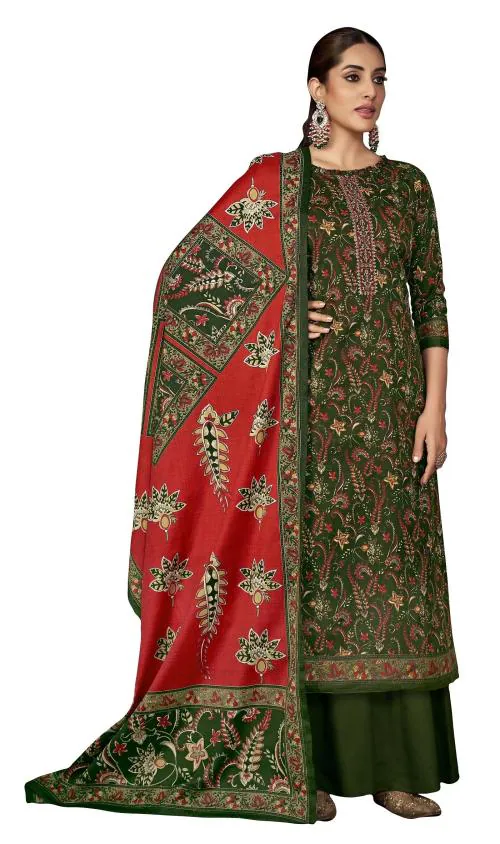 THE JAZZBAAT Women's Unstitched Digital Print Pure Wool Pashmina Fancy Embroidered Winter Salwar Suit Dress Material with Printed Pure Pashmina Shawl Dupatta Free Size (Green)