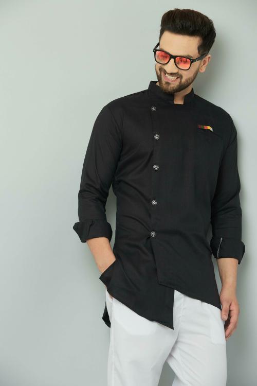 Lemonx Men Black Solid Cotton Blend Asymmetric Kurta (M)