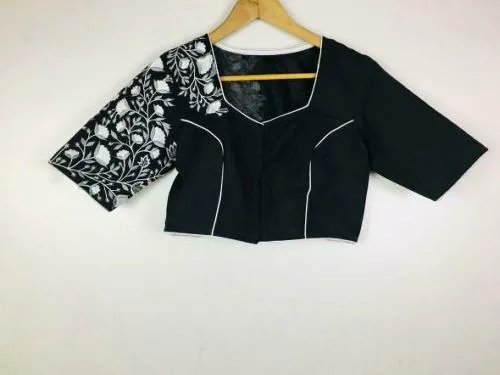 The Saffron Saga Women Black, White Embroidered Cotton Blend Blouse