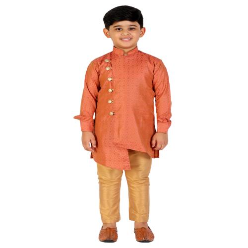 Pro-Ethic Style Developer Rust Silk Embellished Style Cut Kurta Pajama Set For Kids