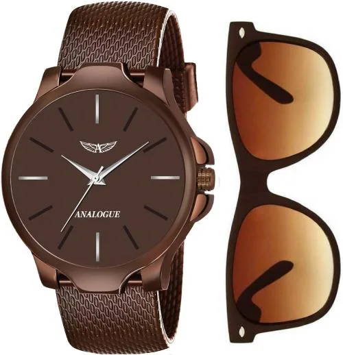 Analogue Analog Brown Dial Brown Strap Watch For Men (448-Brown-Brwn-2-Wayfarer-Brown) (Pack Of 2)