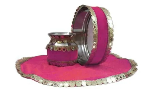 LOOPS N KNOTS Handcrafted Karwa Chauth Pooja Thali Cover Lota and Channi Set 25.4 x 25.4 x 2.54 cm