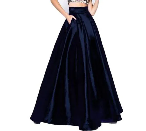 TILISM Women and Girls Navy Blue Formal Long Satin Skirt - L