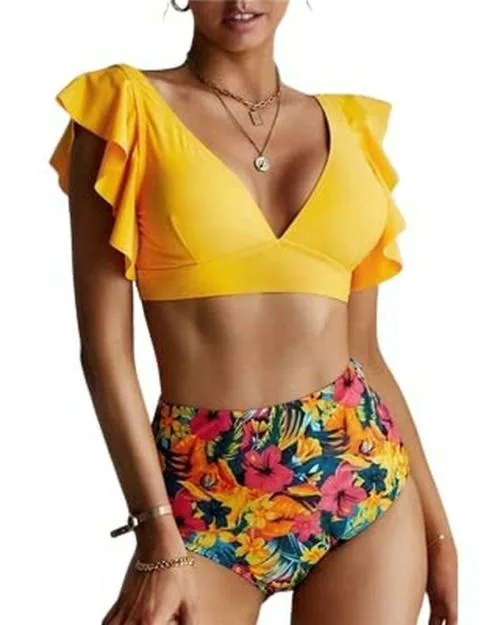 Plus Curvves Plus Size Yellow Floral Ruffled Hem High Waist Bikini Swimwear Set - XL