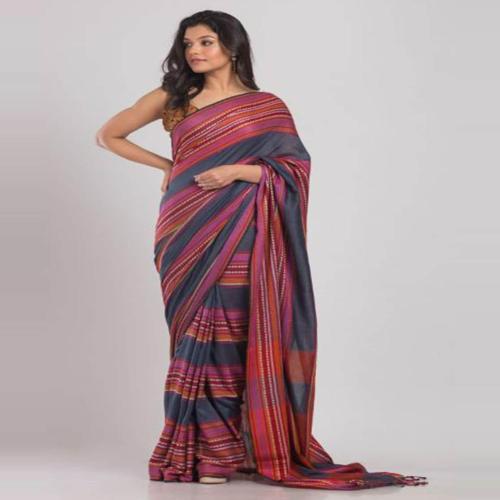 Angoshobha Free Size Women Multicolor Striped Cotton Sari With Unstitched Blouse