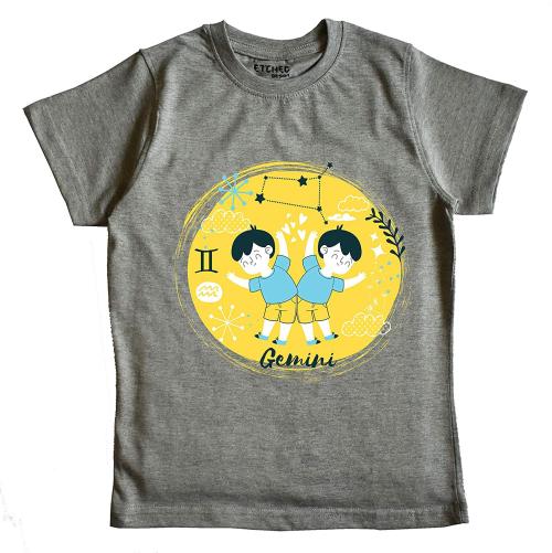 Etched Design Boys Grey Cotton Zodiac Sign Gemini Printed T-Shirt (5 Years-6 Years)