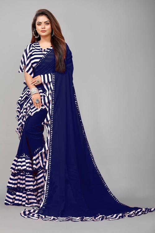 Flip The Style Women Navy Blue Zebra Striped Georgette Bollywood Saree, 5.5 m