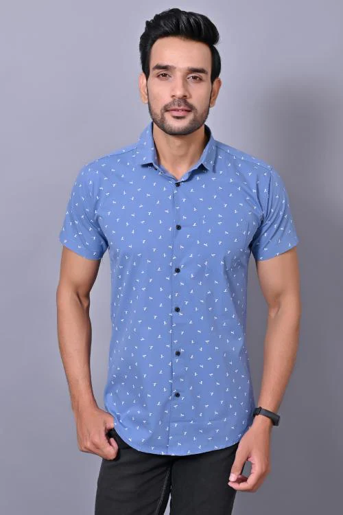 Protozone Men's Cotton Slim Fit Half Sleeves Floral Print Blue Shirt