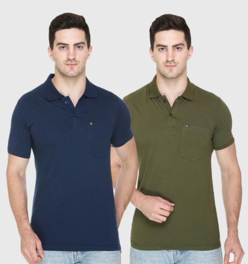 White Moon Men Navy, Olive Cotton Blend Solid T-Shirt (Pack of 2)