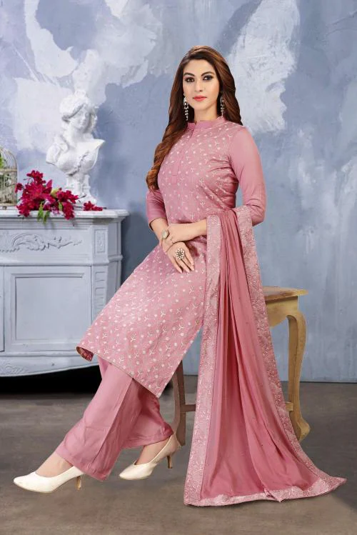 Sarvayog Fashion Women Peach Embroidered Rayon Dress Material