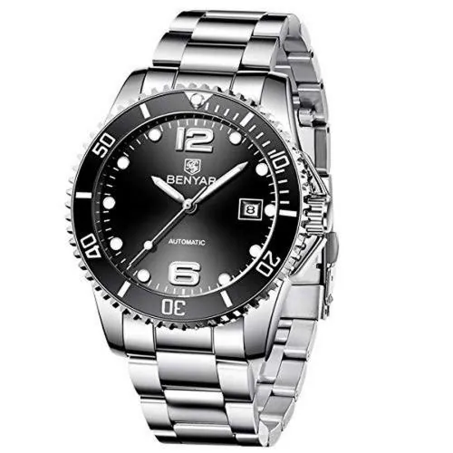 Benyar Automatic Mechanical Stainless Steel Strap Men's Watch (Black Color Dial Silver Color Strap)