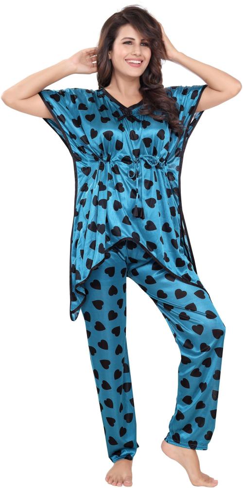 Loody'S Women Blue Printed Satin Nighty Set (M) | Satin Nighties | M Nighties | Night wear | Sleepwear / Night Dress