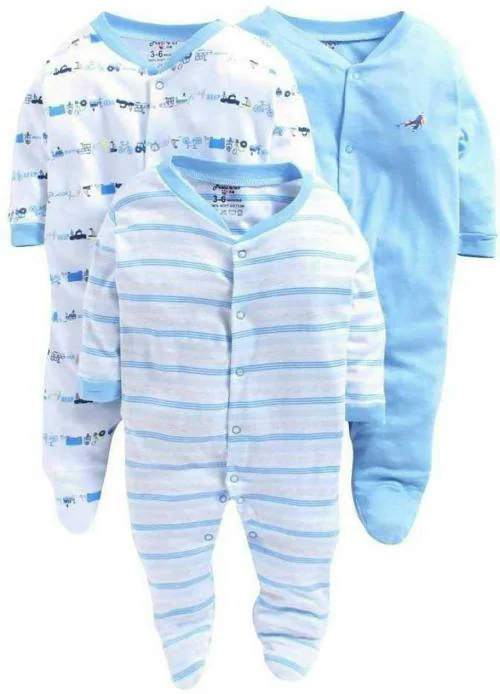 MM IMPEX Baby Boys and Girls Light Blue Striped Cotton Blend Pack of 3 Romper 0-3 MONTHS| Rompers |Sleepsuits | Jumpsuit |Body suits