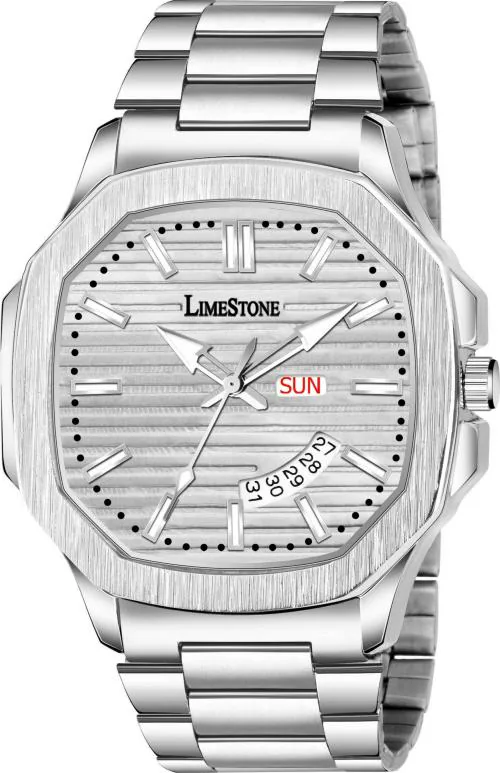 Limestone Day and Date Function Silver Dial and Strap Analog Watch for Men