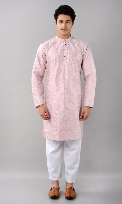 Villain Solid Kurta Pyjama Set For Men (Pink Kurta,White Pyjama)