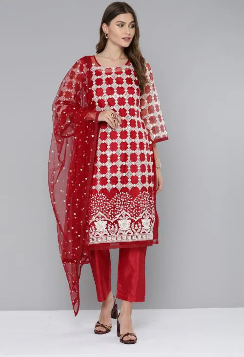 KVS FAB Women Red Embroidered Net/Lace Kurta, Churidar Material