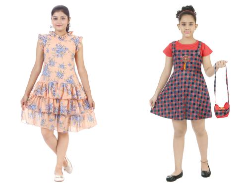 STYLOKIDS Girls Multicolor Crepe Self Design Pack Of 2 A-line Dress girls dress | kids dress | dress for girls | frocks for girls