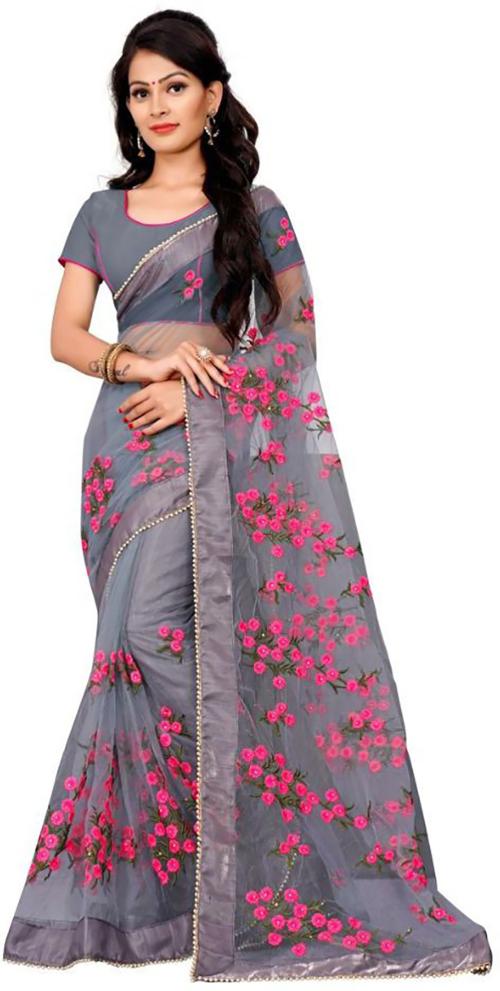 VM TEJANI Women Grey Embroidered Net Bollywood Saree