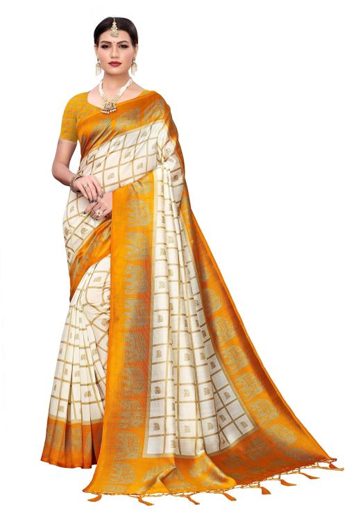 RITARC Women Safina Mustard Jhalar Art Silk Banarasi Style Saree With Blouse Piece