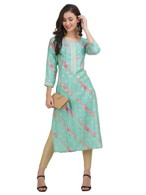 Pink Weaves Women Green Striped Gold Toned Embroidered Straight Kurta