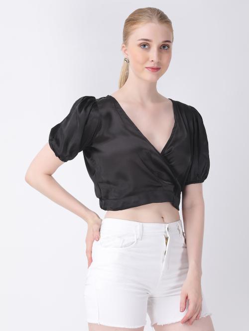 For U Stylish Satin 90'S Style Blouson Crop Top For Women Front Open Modern Crop Tops (Black) (M)