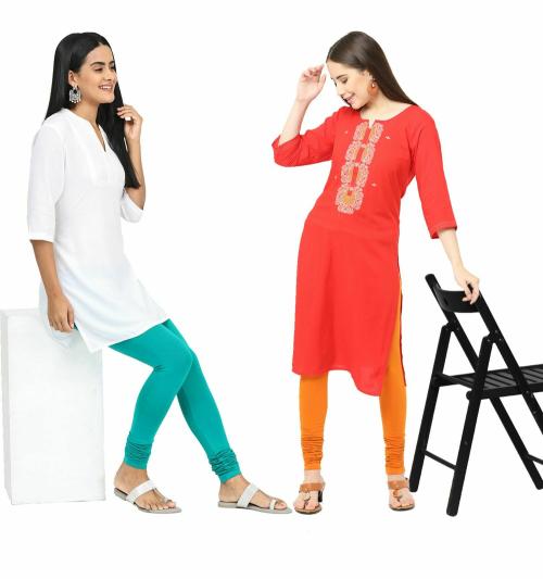 Robinbosky Women's Premium Cotton Lycra Churidar Full Leggings_Pack of 2_Green And Orange_S