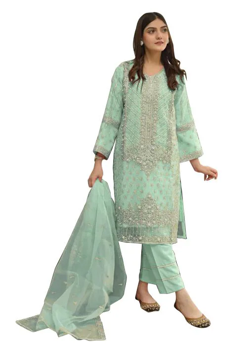 UdayArt Women's Organza Silk With Embroidery Work Green Color Semi stitched Pakistani Salwar Suit