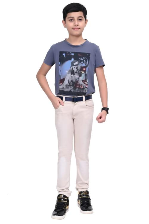 JUMPTIGER Kids Boys Fashion RFD Lycra Regular wear High Export Quality Denim Jeans - Cream