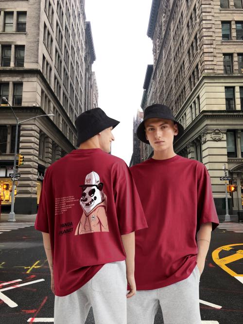 Free Society Mens Printed Pure Cotton Oversize Hip Hop Sleeve T Shirt(Maroon,Pack of 1)
