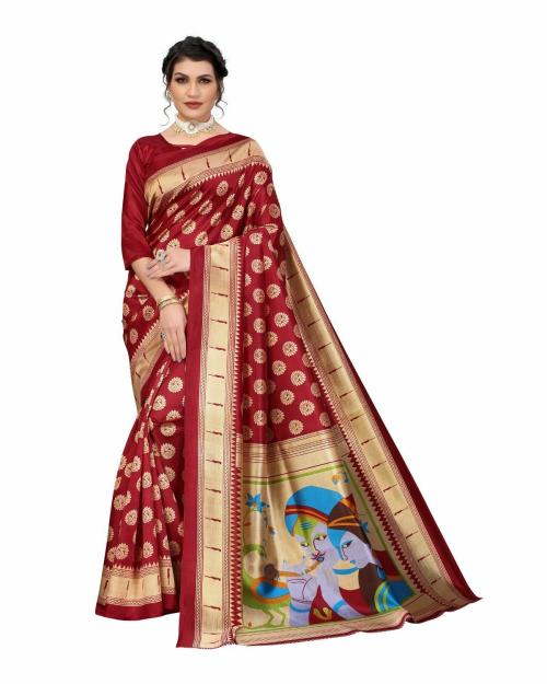 vkaran Women's Red Art Silk Printed Saree With Unstitched Blouse(KUMARI RED, Free Size)