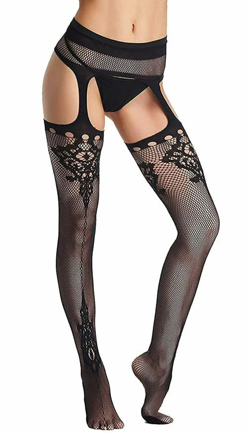 ogimi - ohh Give me Women's Sheer Fishnet Lower Body Stocking Lingerie Breathable Full Honeymoon Stocking Dress Free Size for Women and Girls (Black Design 2)