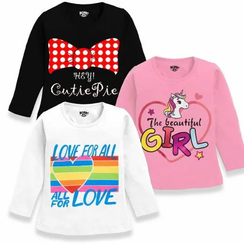 Berry Joy Kids,Toddler & Girls Graphic Print Full Sleeves T-shirt,Cotton Tees Pack of 3(8-9 Year)