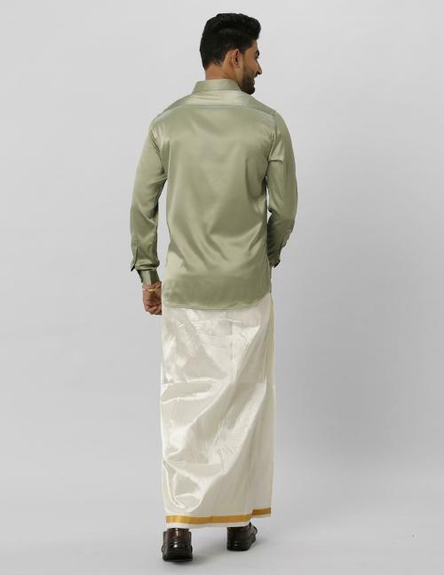 RAMRAJ Men Poly Cotton Olive Green Colour Shirt Full Sleeves With Double Dhoti