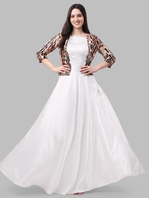 Aspora Women's White Solid Gown with Printed Jacket(S)