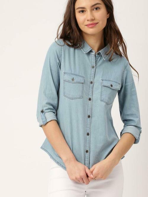 OOTPTAANG Women Blue Solid Denim Casual Shirt - S