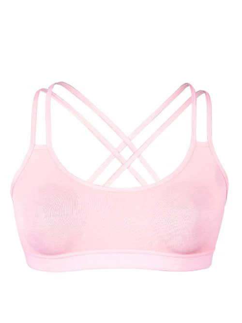 Dchica Criss Cross Back Cotton Sports Bra | Removable Pads | Elasticated Waistband | Good Support | Full Coverage Bra Pack Of 1 | Light Pink Workout Bra