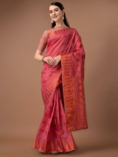 SILENA Women Cherry Tomato Red Woven Design Silk Blend Saree (Free Size)