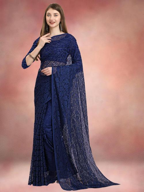 IrisTheStudio Women Dark Blue Net Embellished, Floral Print Bollywood Saree - Rusell