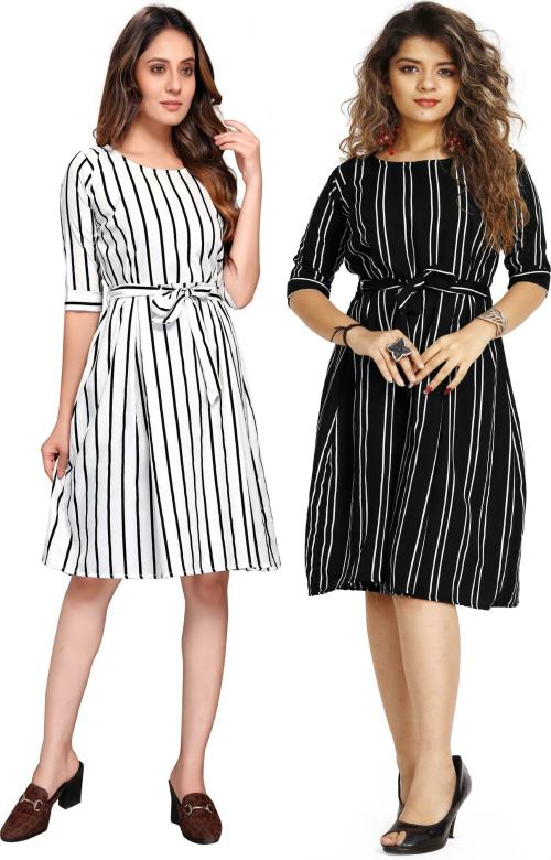 WOLISQ Women Multicolor Striped Crepe Pack Of 2 Dress (S)